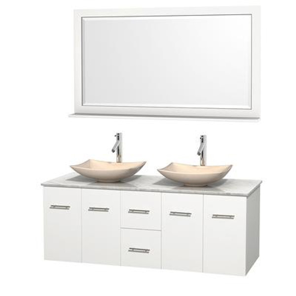 Centra 60 In. Double Vanity in White with White Carrera Top with Ivory Sinks and 58 In. Mirror