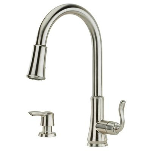 Cagney 1-Handle Pull-Down Kitchen Faucet in Stainless Steel with Soap Dispenser
