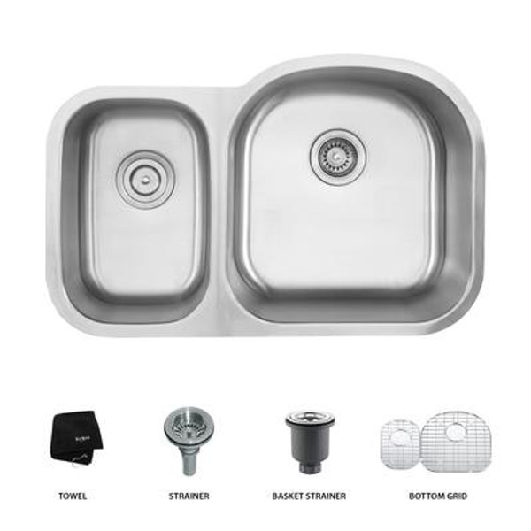 32 In. Undermount 60/40 Double Bowl 16 gauge Stainless Steel Kitchen Sink