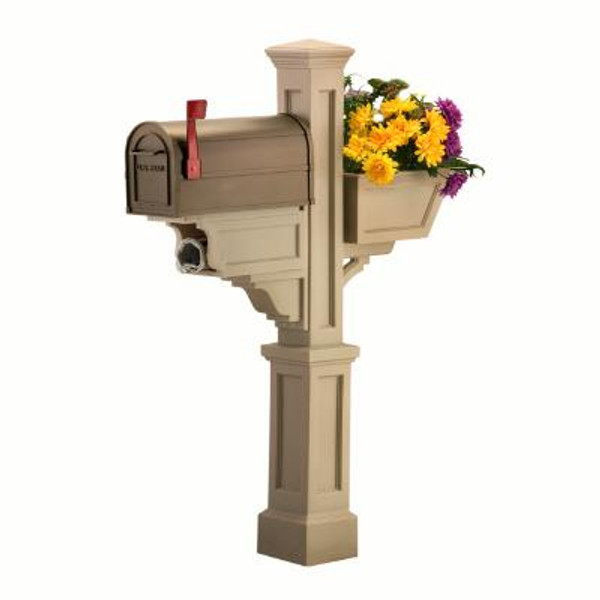 Signature Plus Mailbox Post (Clay) - New England styled mailbox post with planter & paper holder