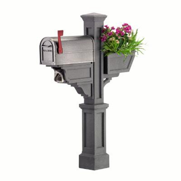 Signature Plus Mailbox Post (Granite) - New England styled mailbox post with planter & paper holder