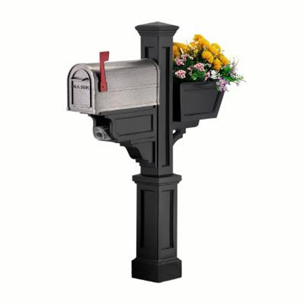 Signature Plus Mailbox Post (Black) - New England styled mailbox post with planter & paper holder