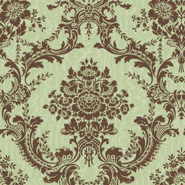 20.5 In. W Brown and Green Mid Scale Damask on Moire Background Wallpaper