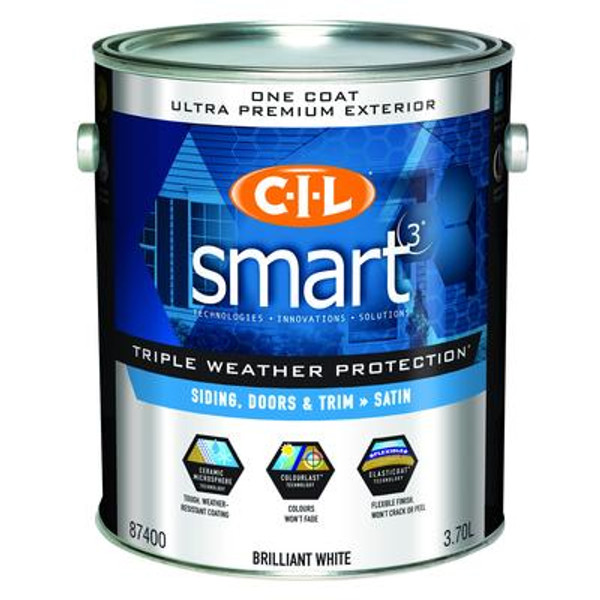 CIL Smart3 Exterior Latex Satin Brilliant White - 3.7L