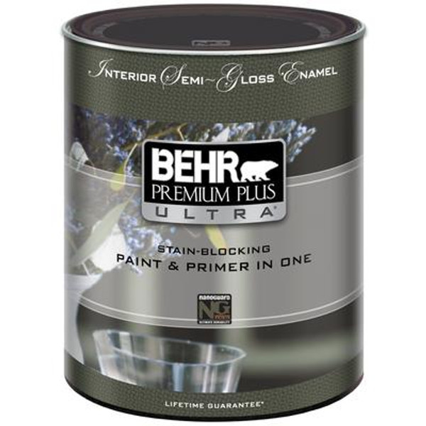 BEHR PREMIUM PLUS ULTRA Interior Semi-Gloss Enamel Paint & Primer in One - Ultra Pure White;  946 ML