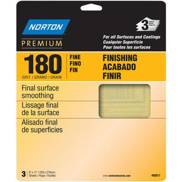 Premium  9 inch X11 inch  Sanding Sheets Fine-180 grit 3 pack