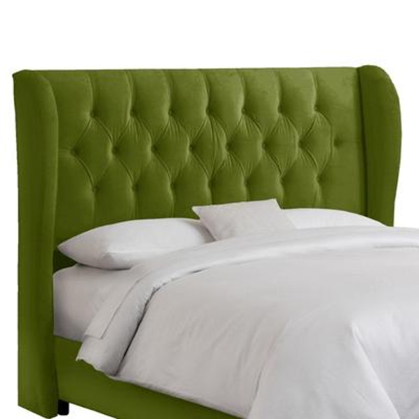 California King Tufted Wingback Headboard in Velvet Apple Green