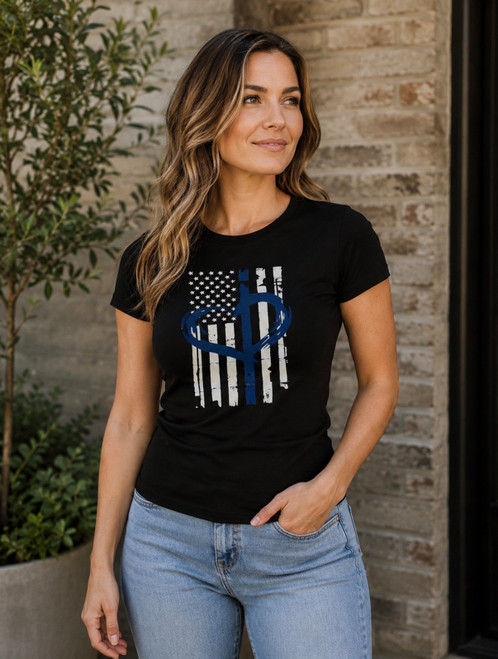 LADIES FITTED T-SHIRT--BLACK--WITH SCREEN PRINTED FLAG, BLUE LINE AND HEART