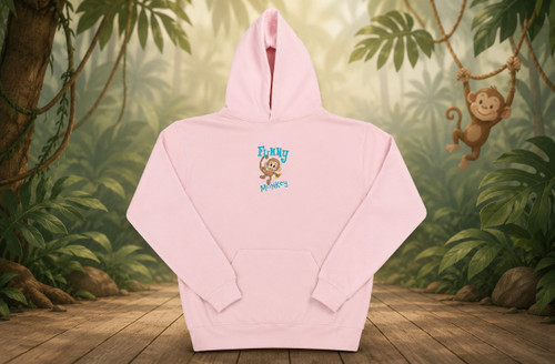 YOUTH HOODED SWEATSHIRT IN PINK WITH FUNNY MONKEY EMBROIDERED DESIGN