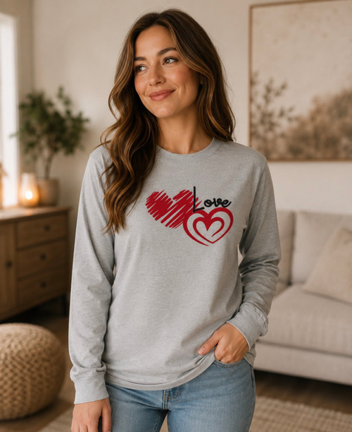 DOUBLE HEART LONG SLEEVE EMBROIDERED T-SHIRT
