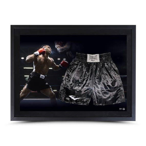Mike Tyson "Big Fall" Framed Display With Autographed Boxing Trunks