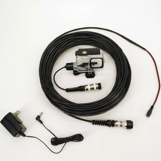 DNC-GP31 waterproof GoPro HERO13–9 external power system with housing, detachable underwater cable and power adapter shown.