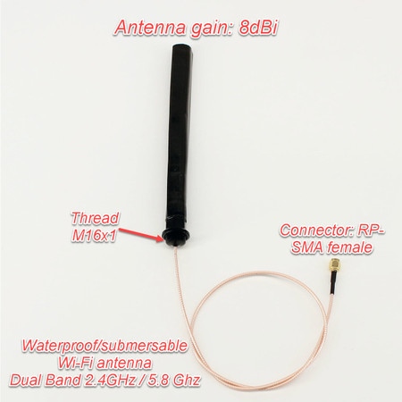 Waterproof dual-band WiFi antenna. WiFi Antenna 8dBi, Dual Band 2.4GHz 5GHz, Waterproof, Submersible