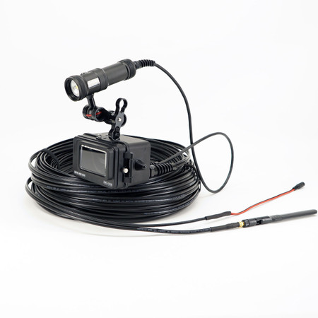 DNC-GP25 underwater GoPro Hero13 housing with integrated LED light and 30m tether cable for WiFi control and power supply.