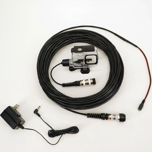 DNC-GP31 waterproof GoPro HERO13–9 external power system with housing, detachable underwater cable and power adapter shown.