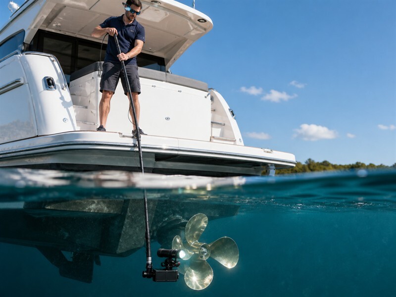 Surface-operated underwater camera system inspecting a yacht propeller