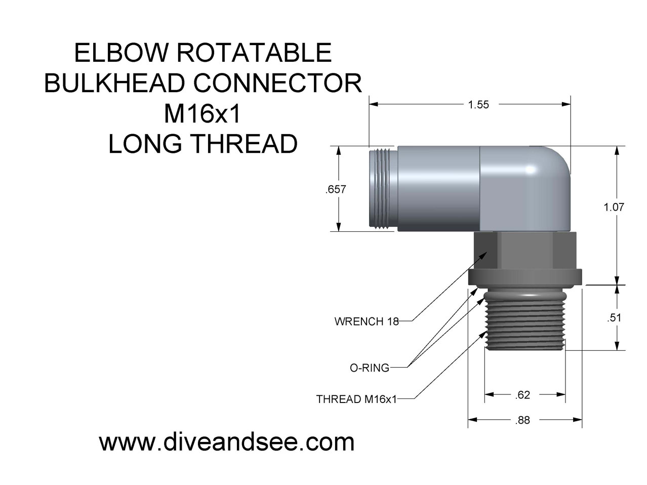 drawing for elbow right angle waterproof connector M18 long thread