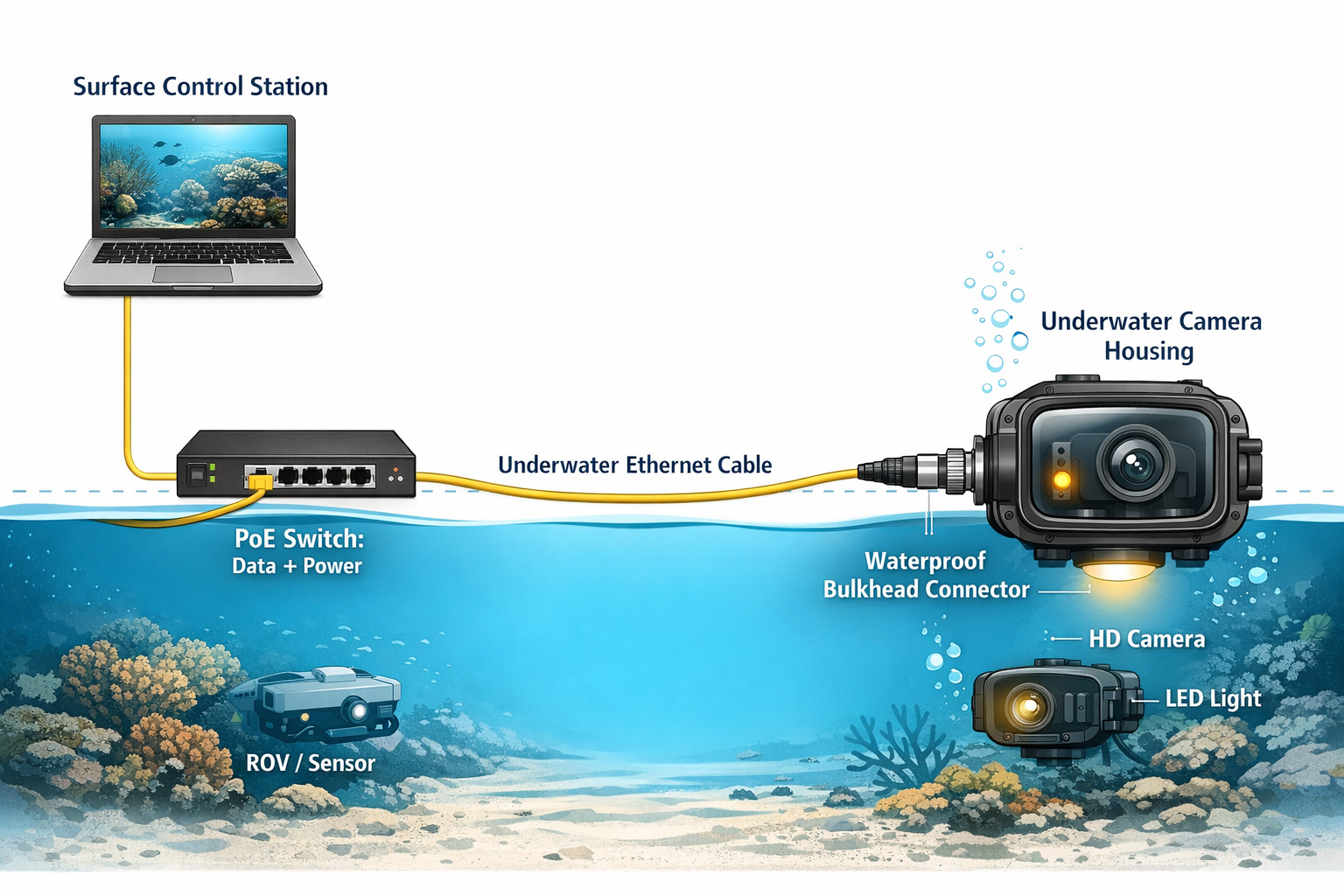 Underwater Ethernet system diagram with surface laptop, PoE switch, underwater cable, bulkhead connector, and subsea camera