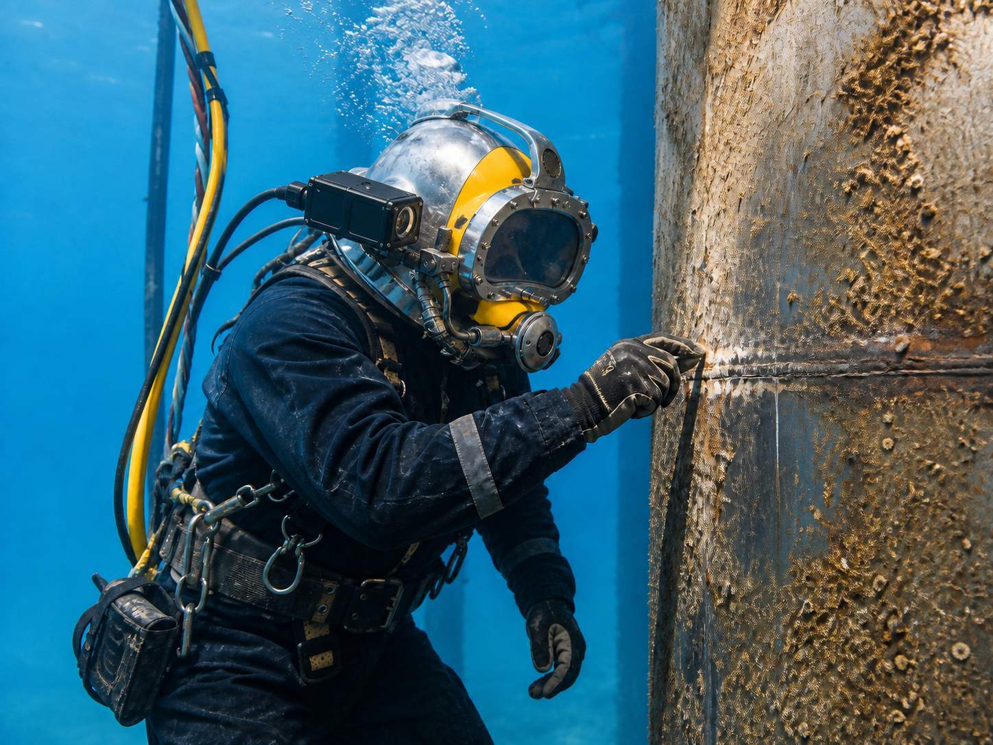 Commercial diver using a helmet-mounted underwater camera to inspect a submerged steel structure