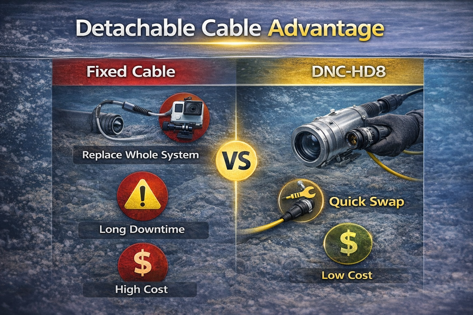 Detachable cable underwater camera system comparison showing replaceable cable quick swap lower cost and reduced downtime versus fixed cable systems DNC-HD8