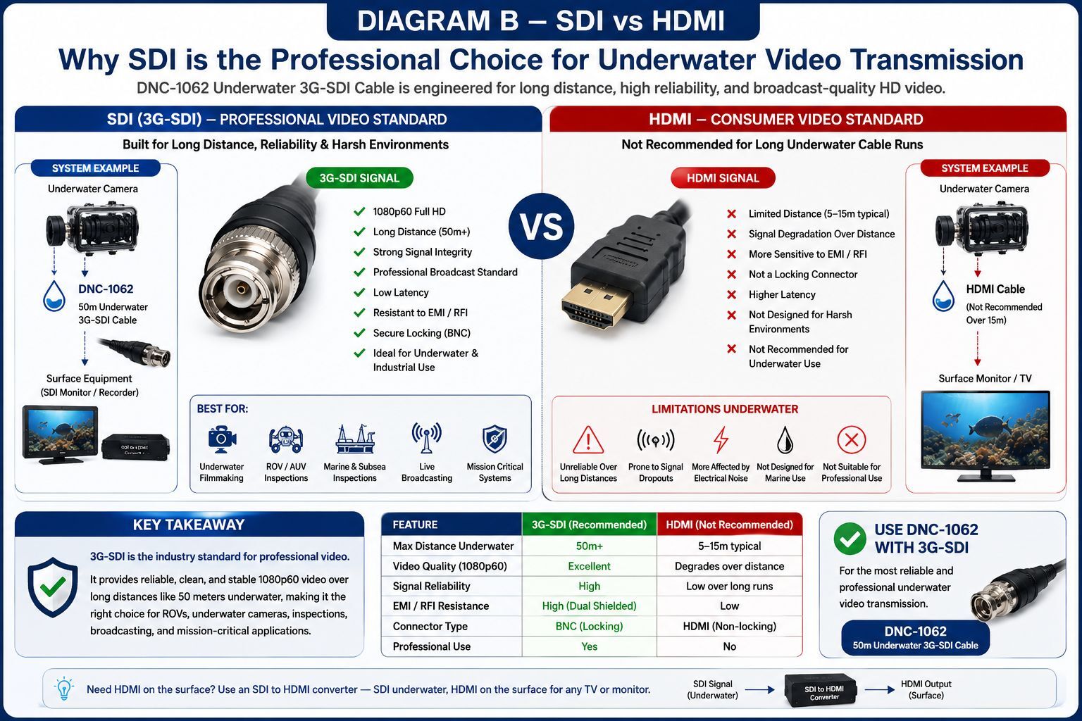 Comparison diagram showing why 3G-SDI is more reliable than HDMI for long underwater video transmission, including signal stability, cable distance, BNC locking connectors, and professional underwater broadcasting applications