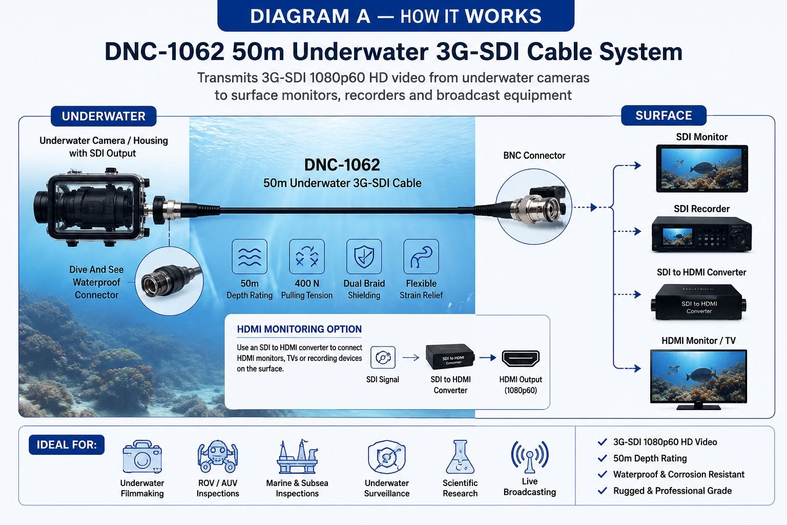 Diagram showing how the DNC-1062 underwater 3G-SDI cable transmits 1080p60 HD video from underwater cameras to surface SDI monitors, recorders, and HDMI converters