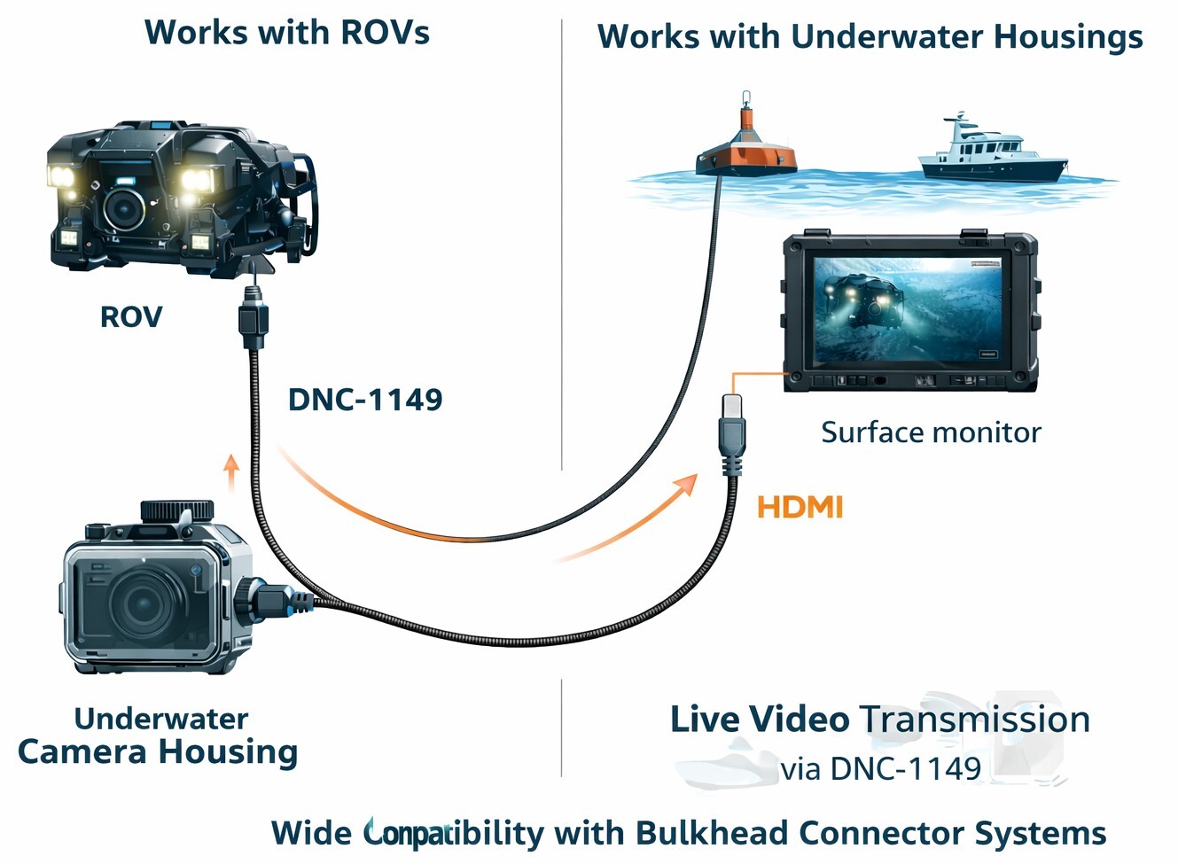 DNC-1149 underwater cable compatibility diagram showing ROV and underwater camera housing connected to surface HDMI monitor via bulkhead system