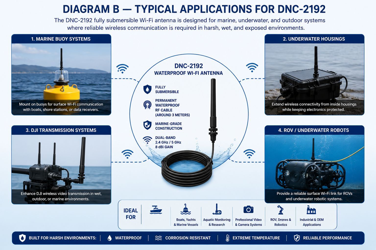 DNC-2192 waterproof Wi-Fi antenna Diagram B showing typical applications including marine buoys, underwater housings, DJI Transmission systems, and ROV underwater robots with a fully submersible dual-band 2.4GHz and 5GHz antenna and 3-meter permanent waterproof RF cable