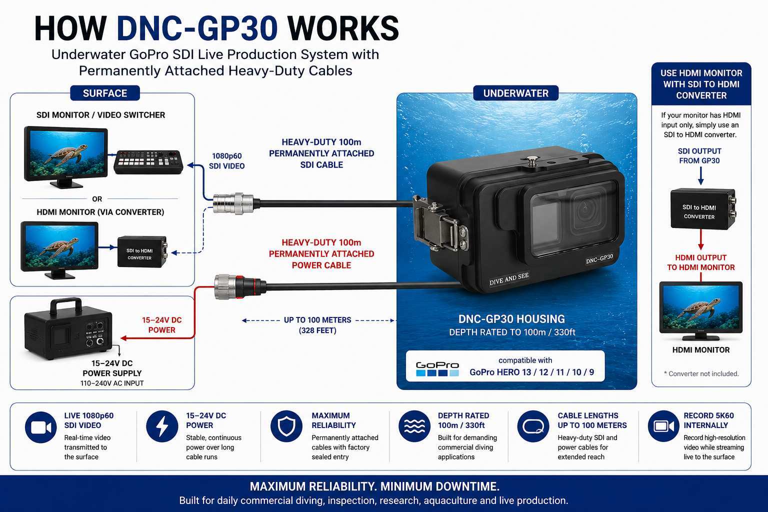 Diagram showing how the DNC-GP30 underwater GoPro SDI live production system transmits live 1080p60 SDI video while providing continuous 15&ndash;24V DC surface power through permanently attached heavy-duty SDI and power cables up to 100 meters. HDMI monitors can also be used with an optional SDI-to-HDMI converter.