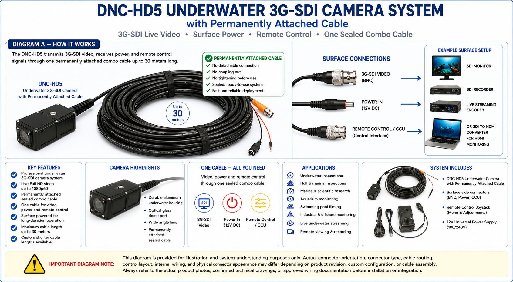 Technical diagram showing the DNC-HD5 underwater 3G-SDI camera system with permanently attached combo cable carrying SDI video, surface power, and remote camera control to surface monitoring and recording equipment