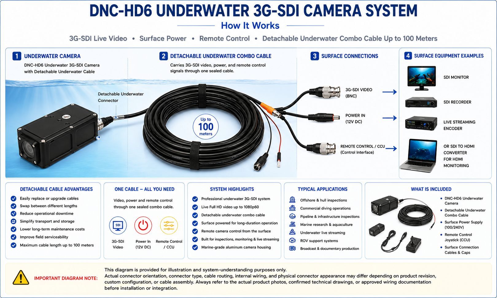 Technical diagram showing the DNC-HD6 underwater 3G-SDI camera system with detachable combo cable carrying SDI video, power, and remote control to surface monitoring and recording equipment