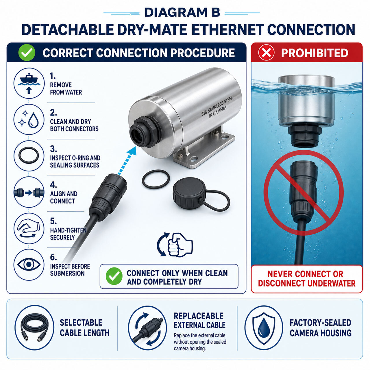 DNC-IP100 4K underwater IP camera detachable dry-mate Ethernet connector installation and connection diagram