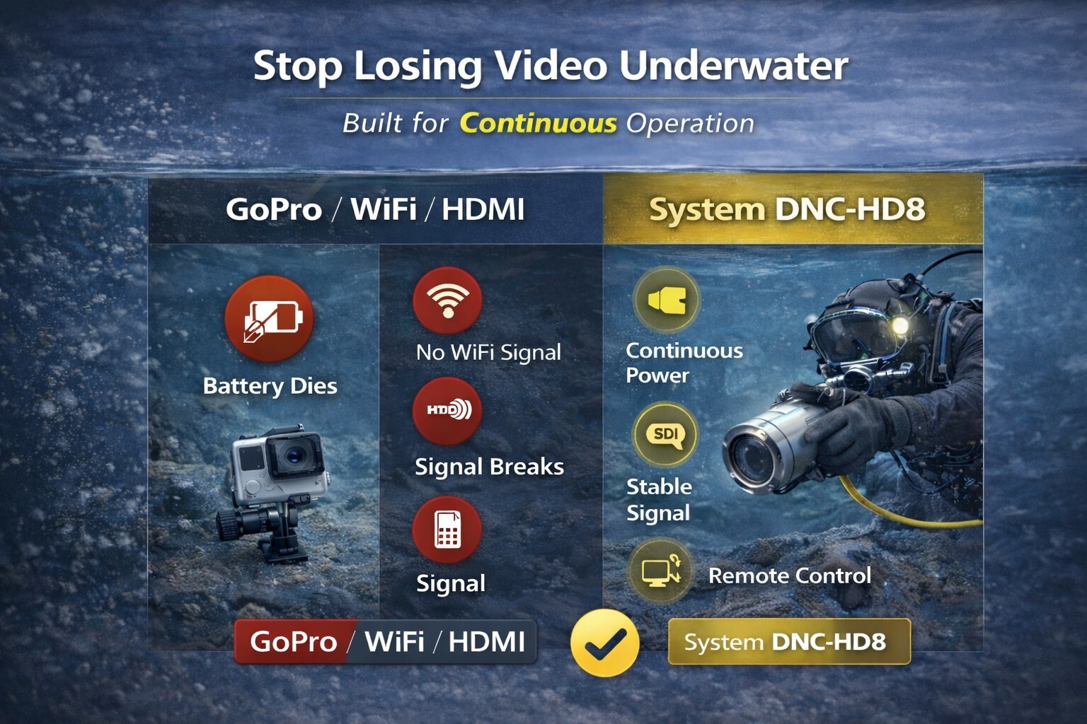 Comparison of GoPro WiFi HDMI camera vs professional underwater SDI camera system showing battery limitations versus continuous power stable signal and remote control DNC-HD8