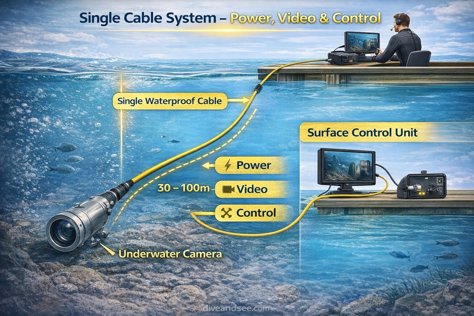 Underwater camera system diagram showing single cable solution for power video and control from underwater camera to surface monitor up to 100m DNC-HD8
