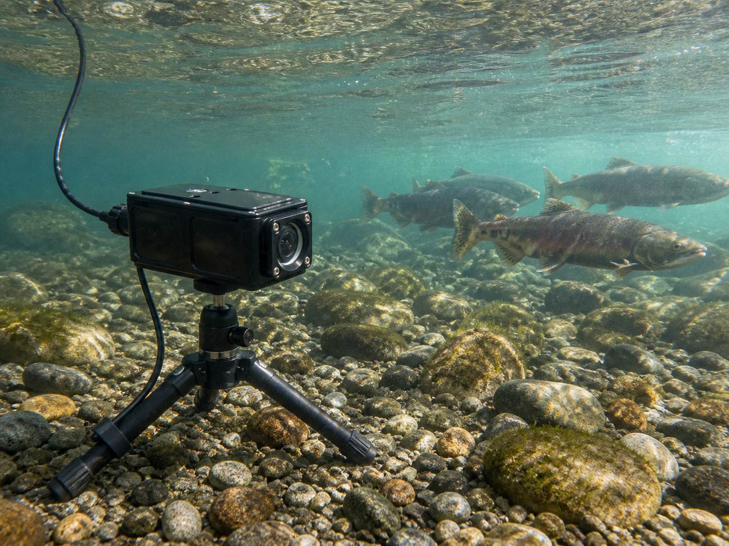 Underwater research camera on a tripod monitoring salmon in a river