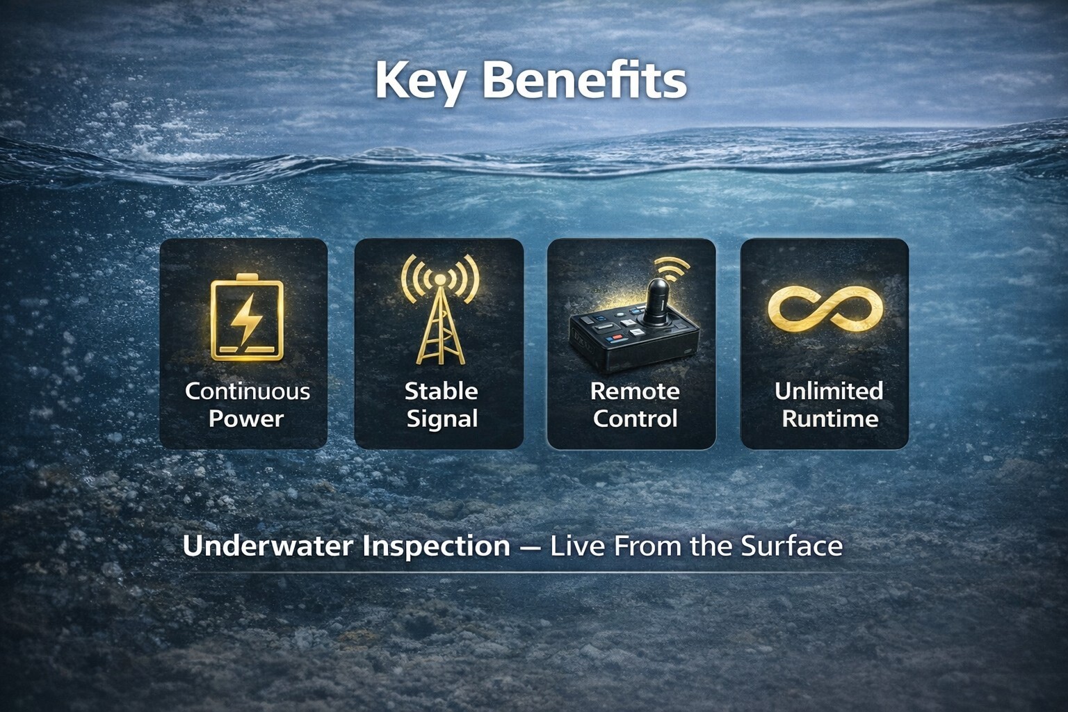 Key benefits of underwater camera system including continuous power stable signal remote control and unlimited runtime for DNC-HD8