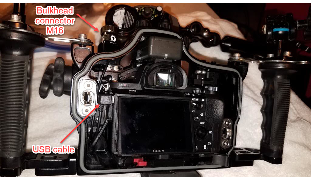 Nauticam NA-A7II housing with underwater usb tethering charging USB bulkhead connector