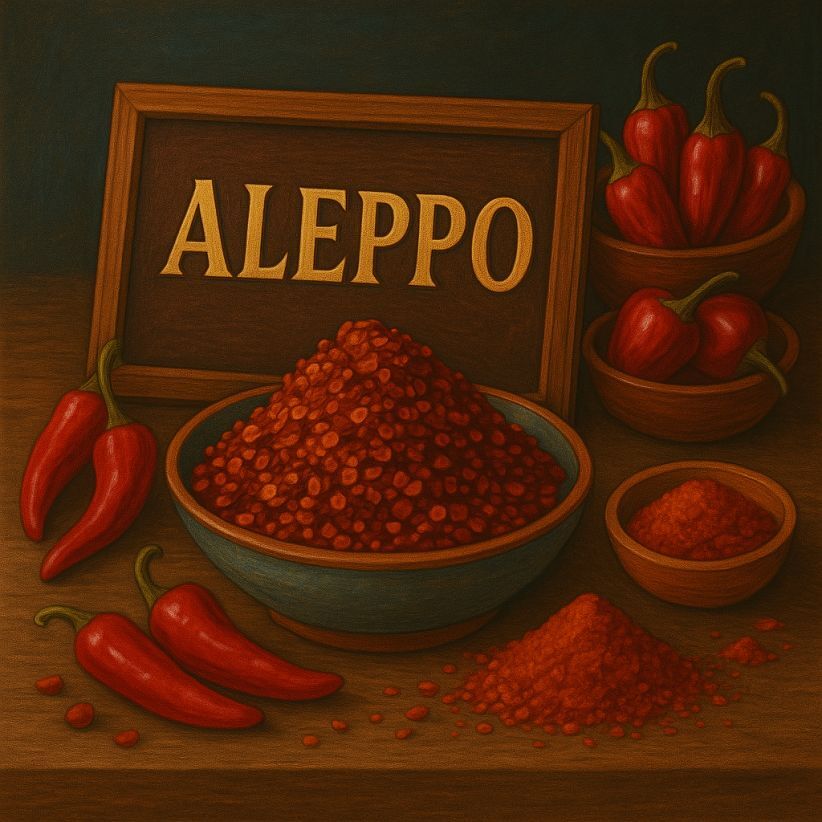 Traditional still life digital illustration of Aleppo chilli flakes with Middle Eastern styling, rich reds and square format