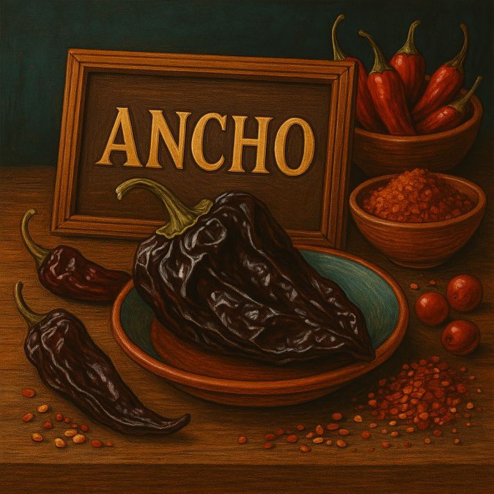 Traditional still life digital illustration of Ancho chillies in a rustic kitchen setting, vibrant colours, square format