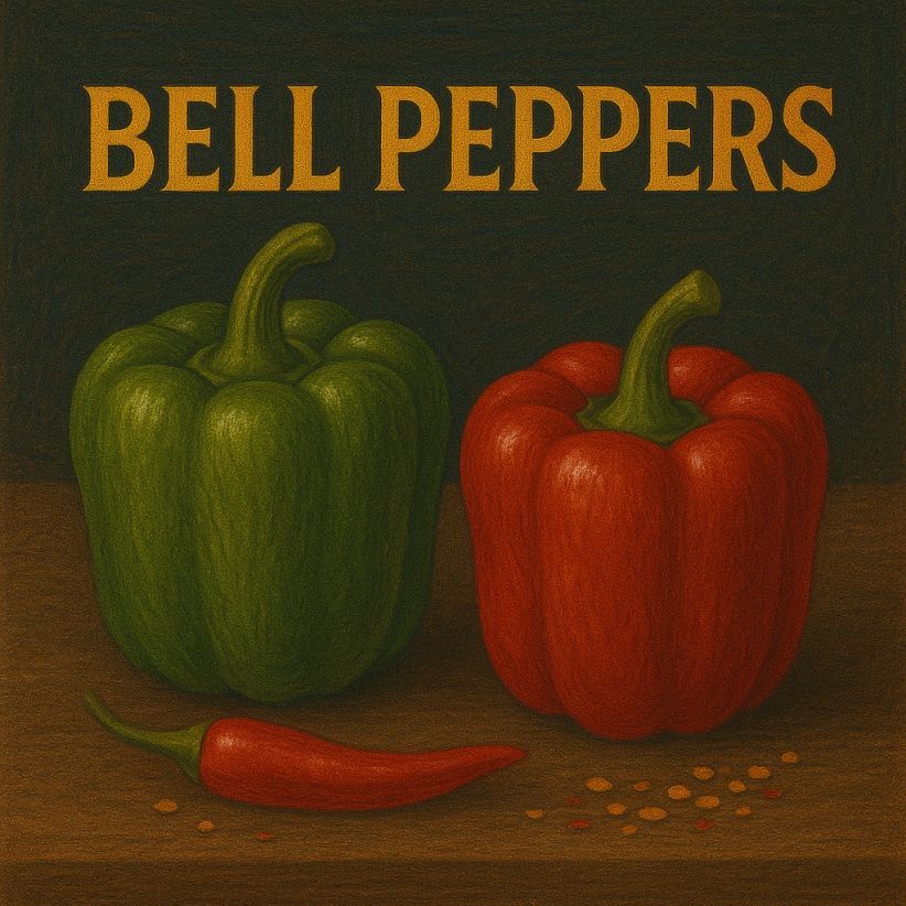 Traditional still life digital illustration of red and green bell peppers, sweet and mild, colourful composition
