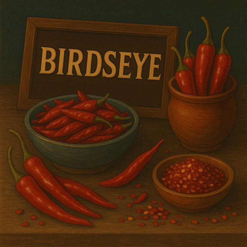 Traditional still life digital illustration of Birdseye chillies, small fiery pods with bold red tones in a spice setup