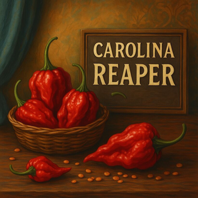 Traditional still life of Carolina Reaper chillies, wrinkled superhots with bold styling and rich lighting