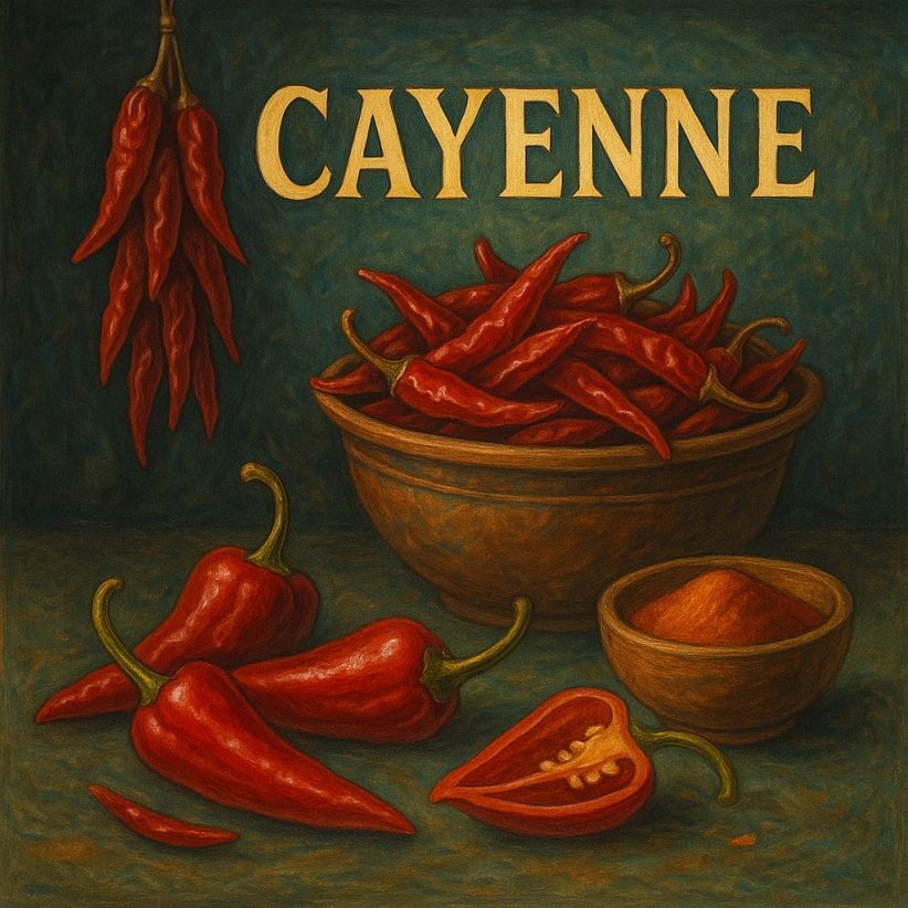 Vibrant still life of Cayenne chillies and powder, bright red and sharp, perfect for spice and colour