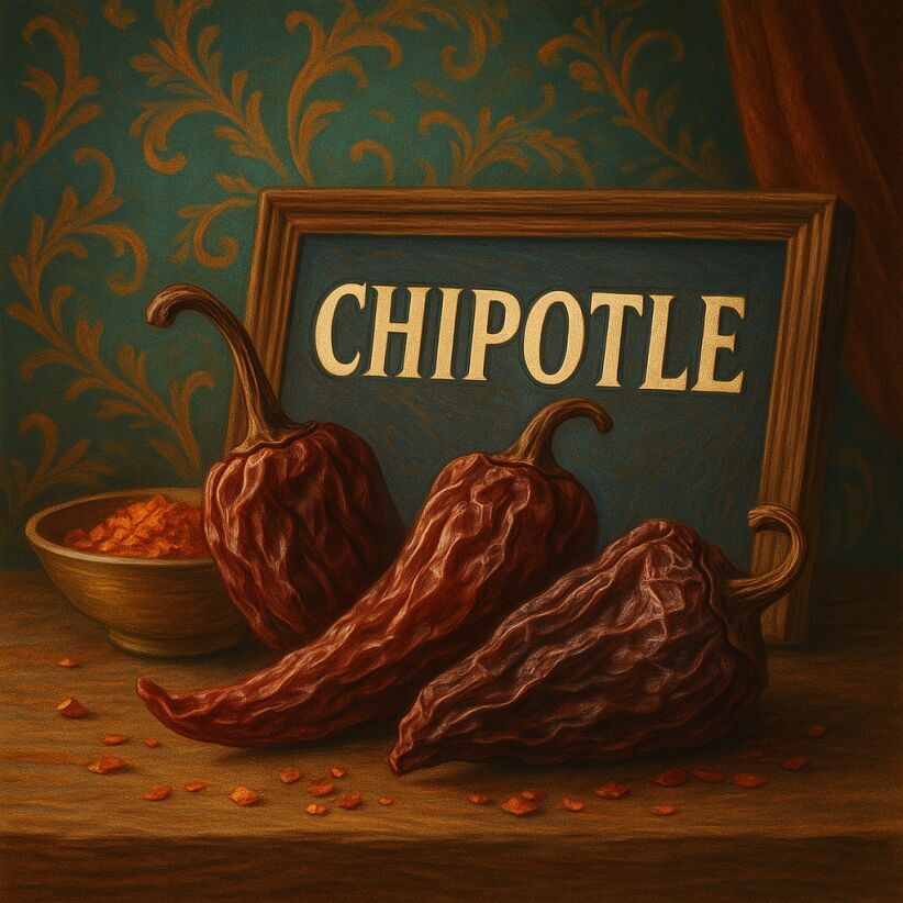Traditional still life showing Chipotle chillies, smoky dried jalapeños, deep red tones with Mexican touches