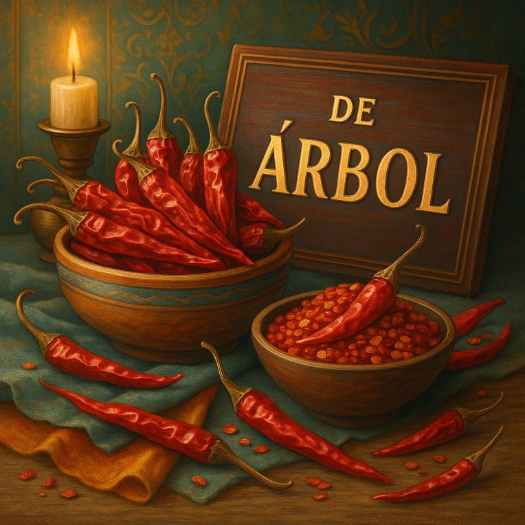 Bright digital still life of De Arbol chillies, slim and fiery, used in sauces and chilli oils