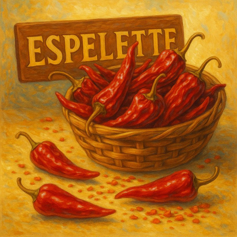 French Basque-style still life of Espelette peppers, mild red chillies known for colour and refinement