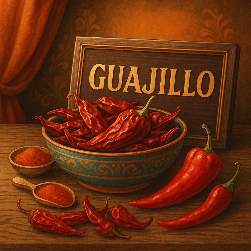 Mexican-style digital painting of Guajillo chillies, smooth red pods with a tangy, fruity note
