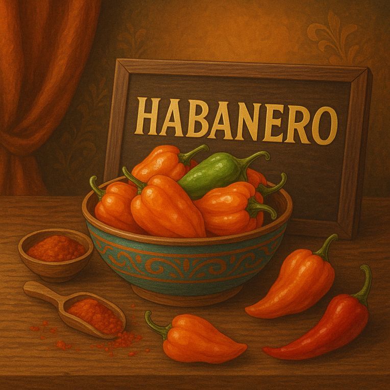 Bright still life of Habanero chillies, fiery tropical heat, shown in vibrant kitchen setup
