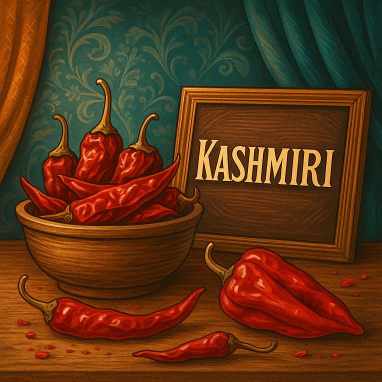 Still life of Kashmiri chillies and powder, known for deep red colour and mild heat in Indian cuisine