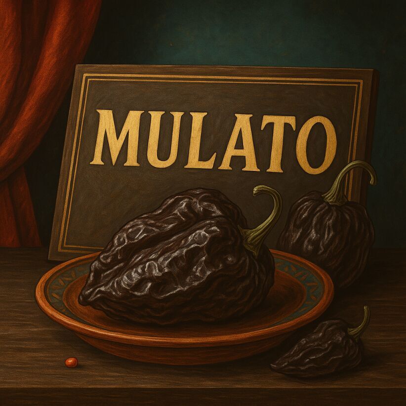 Still life of Mulato chillies, dark and sweet with raisin and cocoa tones, used in mole sauces